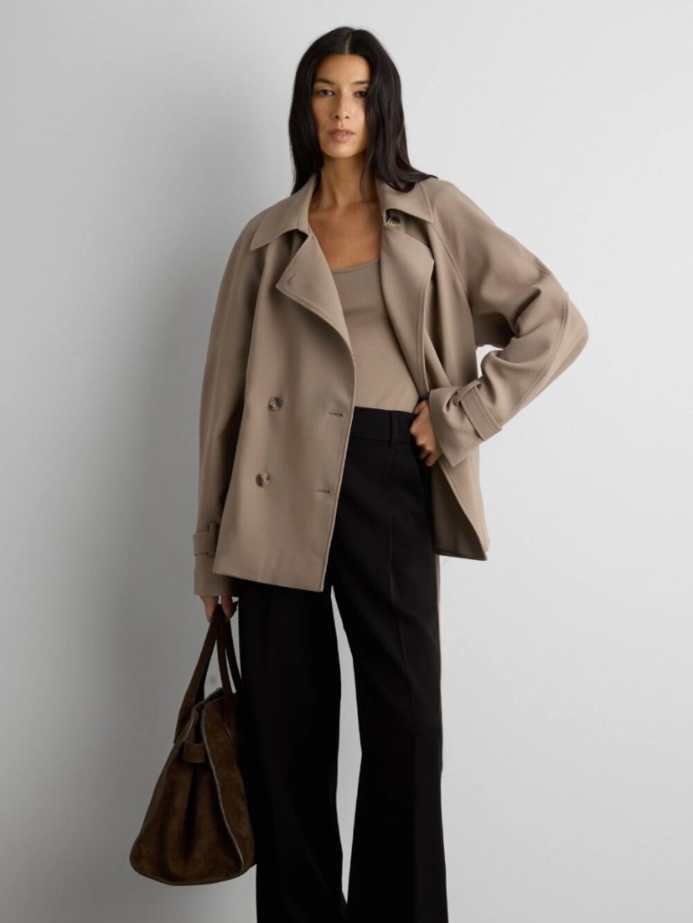Oak + Fort Short Oversized Trench Coat in Brindle XXS